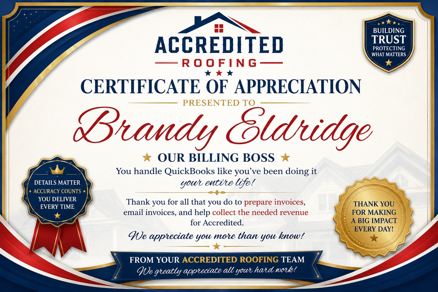 Our Billing Boss Certificate of Appreciation