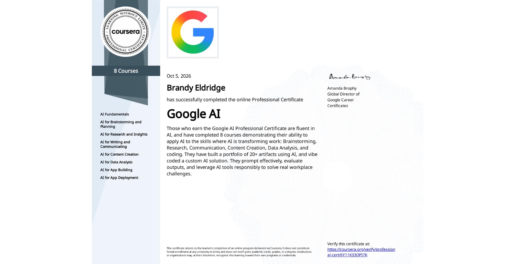 Google AI Professional Certificate awarded to Brandy Eldridge on October 5, 2026